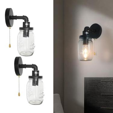 Imagem de GZZBMY E27 Luzes de parede vintage com interruptor de cabo de puxar lâmpadas de parede de ferro sombra de vidro transparente industrial arandelas de parede internas sala de estar quarto corredor luz