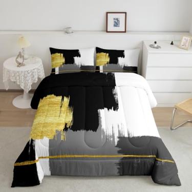 Imagem de Feelyou Conjunto de cama king em ouro preto e branco, geométrico, arte abstrata, para meninos e meninas, edredom moderno e abstrato