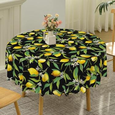 Imagem de TTQYFNM Toalha de mesa redonda de limão, 121 cm, amarela, limonada, branca, floral, verde, folhas, preta, circular, tecido impermeável, capa de mesa com limão, para cozinha, sala de jantar, piquenique