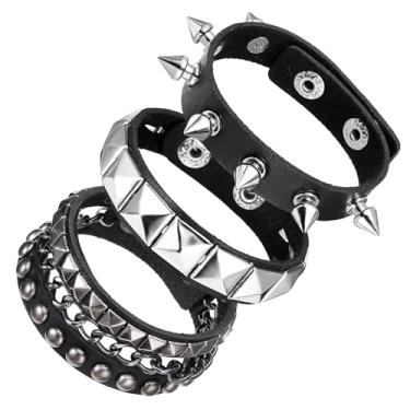 Imagem de KFHENSOMR Pulseira punk cravejada de 4 peças de couro preto com pontas de punho punk rock rebite punho emo pulseiras envoltório pulseira de metal pulseira de metal acessórios para homens e mulheres