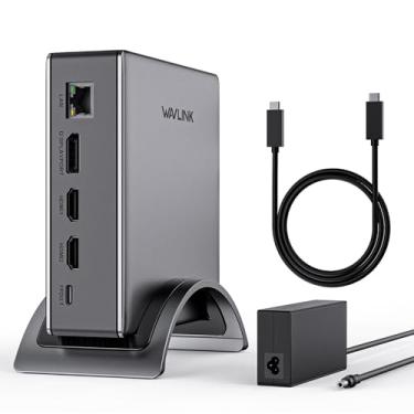 Imagem de Estação de ancoragem para laptop, estação de ancoragem WAVLINK PD3.1, 3 monitores com 8K @30Hz/4K @144Hz, 2 HDMI + DP, carregamento PD de 140 W, USB-C 10 GB, USB-A 5 GB, Gigabit Ethernet, áudio