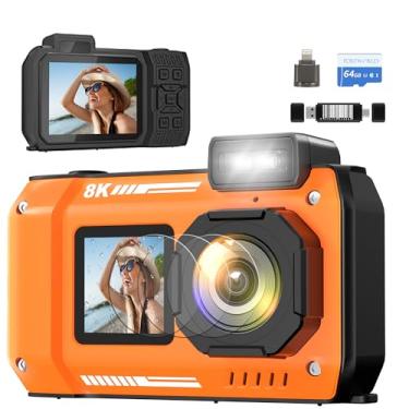 Imagem de Câmera digital à prova d'água 8K Snorkeling: Câmera subaquática compacta robusta de 70 MP 33 pés - Tela dupla HD com zoom de 18X Selfie cartão de 64 GB e bateria de 2500 mAh para mergulho ao ar livre