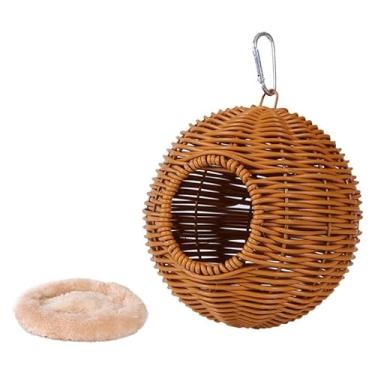 Imagem de Bothyi de pássaro de vime artificial pendurado, cama de rede, cabana, presente, casa de tecida à mão com almofada para gaios-azuis, pássaros, Caqui com Um Furo