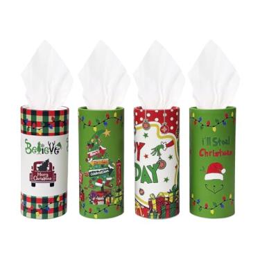 Imagem de Porta-lenços de papel de Natal para carro, pacote com 4, lenços faciais de inverno, bola de árvore de Natal, floco de neve, tubos de tecido de viagem para decoração de casa de carro