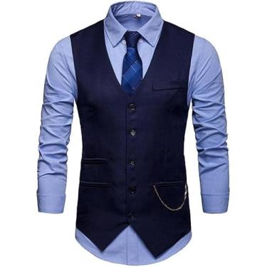 Imagem de Colete Formal Masculino - Homens Colete De Terno Com Decote V Moda Estilo Britânico Colete Slim Masculino Formal Negócios Sem Mangas Colete Colete Vintage De Peito Único, Navy, S