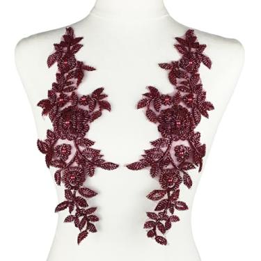 Imagem de YOOGCORETT 1 par de apliques de renda 3D vinho tinto, costurar em apliques de tecido com contas de flores, acabamento bordado para decoração de vestido de casamento, aplique de roupas de costura DIY