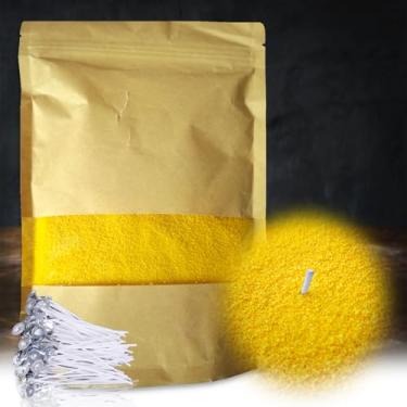 Imagem de DRMAISON Kit DIY de cera de cera de vela perolada - 1,000 g, amarelo dourado, não tóxico e livre de fumaça, recarregável com 60 pavios, chama de longa duração, altamente personalizável para decoração