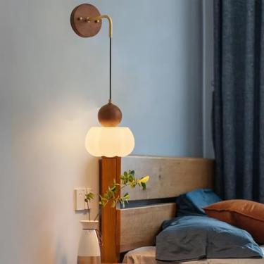 Imagem de Lâmpada de parede interna LED lâmpadas de parede de madeira vintage com abajur de vidro moderno iluminação de parede de metal para sala de estar quarto escada mesa de cabeceira corredor (madeira