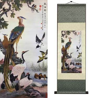Imagem de Newscz Five Virtues Bird Wall Art Silk Scroll, Asian Phoenix Crane Mandarim Duck Posters with Lotus Pond Pintura tradicional chinesa animal para decoração de casa hotel lobby 91 x 30 centímetros