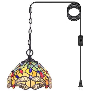 Imagem de Luminária pendente pequena Tiffany com plugue de vitral de 20 cm de altura ajustável para pendurar em casa, cozinha, ilha, sala de jantar (estilo libélula amarela)