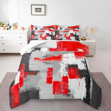 Imagem de Feelyou Conjunto de edredom Queen vermelho e cinza, abstrato, para crianças, meninos, meninas, arte rústica, edredom geométrico, decoração de quarto de microfibra, 3 peças com 2 fronhas