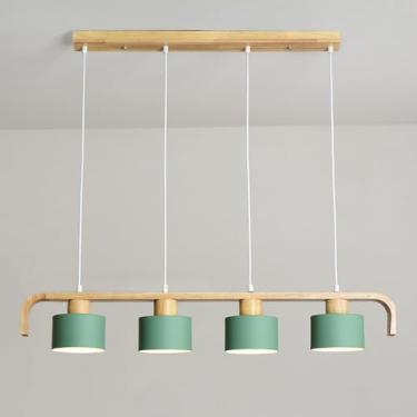 Imagem de Luminária pendente de madeira linear com 4 luzes, luminária de teto para ilha de cozinha, lustre nórdico de madeira E27, luminária pendente para mesa de jantar, café e bar