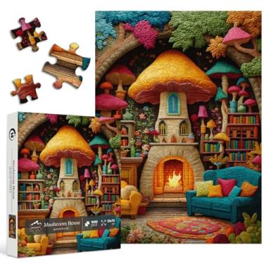 Imagem de Mushroom Treehouse Puzzles for Adults, PICKFORU Colorful Patchwork Fireplace Bookshelf Jigsaw Puzzles 1000 Pieces, Embroidery Quilting Art Books House Puzzle