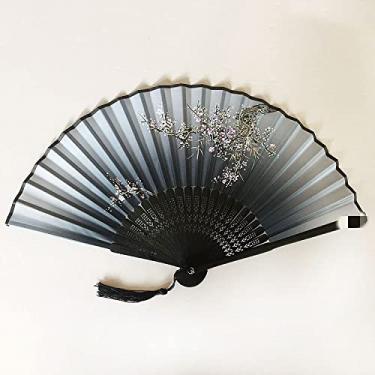 Imagem de HSYHKDSY Ventilador de mão dobrável, leque de mão de seda dobrável elegante ameixa bossom cinza leques de bambu com borla tecido oriental ventilador chinês ventilador dobrável portátil para presentes