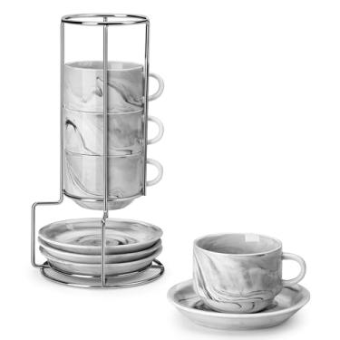 Imagem de MALACASA Conjunto de 4 xícaras de café expresso de porcelana de 227 g com pires e suporte de metal, cinza mármore