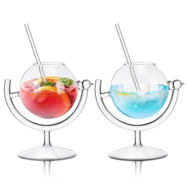 Imagem de Joeyan Copos de coquetel da Terra, copos de vinho em forma de globo mundial de 350 ml com canudos, copos transparentes exclusivos, copos criativos de suco de tequila para martini, copos para bar de