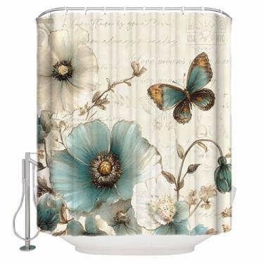 Imagem de Cortina de chuveiro tulipa floral azul-petróleo, cortinas de chuveiro laváveis com flores de borboleta vintage para banheiras, cortina de banho de secagem rápida à prova d'água botânica com ganchos e