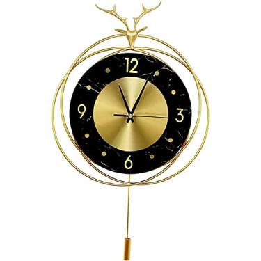 Imagem de ZMDQD Relógio de parede de arte moderna relógio de parede de metal dourado para decoração de sala de estar, relógio de parede com pêndulo de quartzo silencioso sem tique-taque com algarismos arábicos
