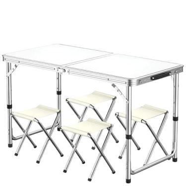 Imagem de Mesa Dobrável Maleta Alumínio 120 * 60cm E 4 Banqueta Portátil 1,20m Vira Com Alça Resistente(Branco +4 Bancos(120x60))