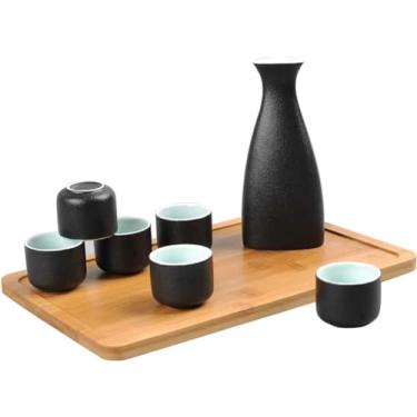 Imagem de JOEUQK Conjunto de 7 peças de saquê japonês inclui 1 garrafa de saquê e 6 copos de saquê, B