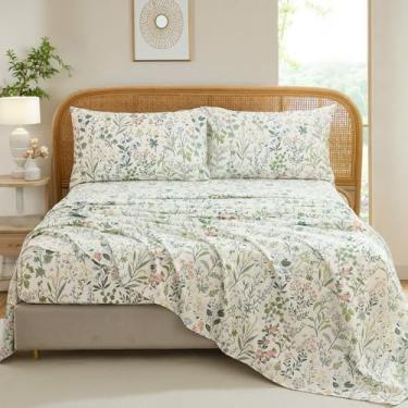 Imagem de Cozaline Jogo de cama Queen 100% algodão – Jogo de cama floral vintage verde jardim de 4 peças, tecido percal respirável macio, lençol com elástico profundo 44,5 cm, sensação fresca e refinada