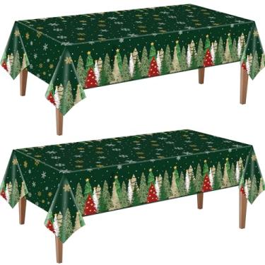 Imagem de CUUSNNY Pacote com 2 toalhas de mesa de árvore de Natal para mesa retangular, árvores de Natal de plástico descartáveis, capa de mesa verde para decoração de festa de inverno, piquenique, jantar, 137