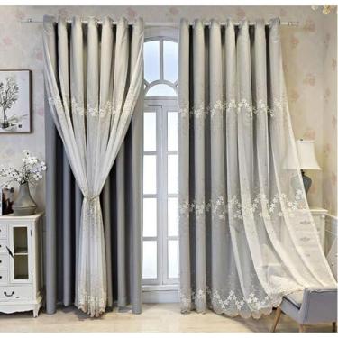 Imagem de Cortina moderna bordada de camada dupla blackout para sala de estar, painel de decoração de voile blackout de deck duplo, para quarto/varanda/cortina de isolamento térmico, 1 peça, cinza L 350 x A 270