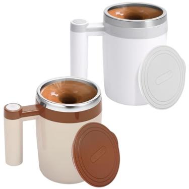 Imagem de 2 peças, caneca de café de mistura de aço inoxidável, copo de mistura elétrica de alta velocidade, copos de agitação destacáveis, fáceis de usar, elétricos, adequados para escritório (branco + marrom
