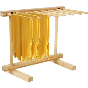 Imagem de Escorredor de macarrão de bambu com 8 barras destacáveis, suporte para secador de macarrão e espaguete, suporte de macarrão estável para secar macarrão e cozinhar