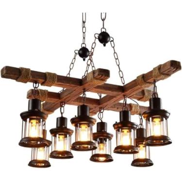 Imagem de Luminárias Pendentes Retrô Lâmpada Suspensa De Metal De Madeira E27 8 Chamas Vintage Luminária Pendente Preta Ajustável Em Altura Lâmpada De Teto Industrial Iluminação Sala De Estar Cozinha
