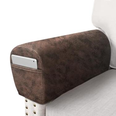 Imagem de ANARACHON Conjunto de 2 capas de braço de sofá de couro para sofá, cadeira, protetores de braço, capas elásticas para poltrona, com bolsos, tecido de elastano lavável (grande, marrom)