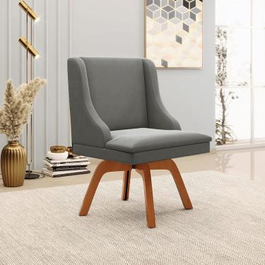 Imagem de Cadeira Decorativa Sala de Jantar Base Giratória de Madeira Firenze Suede Grafite/Natural G19 - Gran Belo