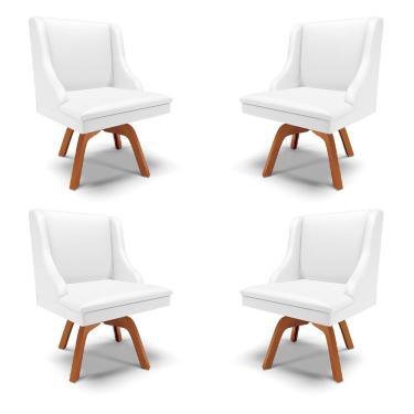 Imagem de Kit 4 Cadeiras Decorativas Sala de Jantar Base Giratória de Madeira Firenze PU Branco Fosco/Natural G19 - Gran Belo