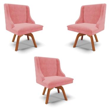 Imagem de Kit 3 Cadeiras Decorativas Sala de Jantar Base Giratória de Madeira Firenze Suede Rosê/Natural G19 - Gran Belo