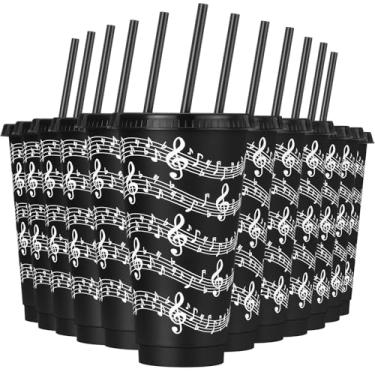 Imagem de Potchen 12 peças de copos de plástico com tema musical de 680 g, copo reutilizável de notas musicais com tampas e canudos, copos de suco para amantes de música, lembrancinhas de festa de aniversário