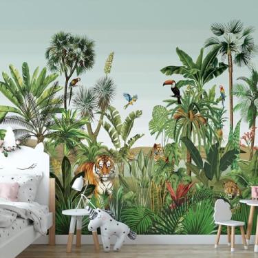 Imagem de Papel de parede grande Safari Peel and Stick Jungle Wallpaper 353.1 cm WX110 H mural de parede botânico tropical verde floresta tropical animais mural para berçário infantil decoração de quarto de