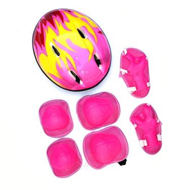 Imagem de Conjunto de 7 Peças de Equipamentos de Proteção Infantil Com Capacete Ajustável Joelheiras Cotoveleiras Almofadas de Pulso para Patins, Joelheiras para Crianças Conjunto de (Rosa)