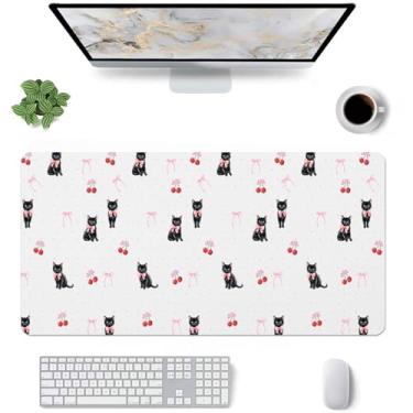 Imagem de Tapete de mesa com laço de gato de desenho animado, médio, estendido, teclado de computador, mouse pad, couro branco macio antiderrapante para desktop/escritório/casa/estudo/decoração/escrita