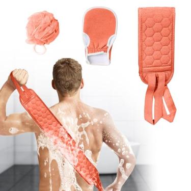 Imagem de 3 peças esfoliante para as costas tira esfoliante esponja de banho dupla face arruela para chuveiro toalha de banho de limpeza profunda, toalha de banho longa, vermelha