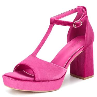 Imagem de Wsheliu Salto plataforma salto grosso plataforma sandálias salto bloco quadrado bico aberto sapato tira tornozelo festa baile vestido vestido sapatos para mulheres, Veludo rosa choque, 37