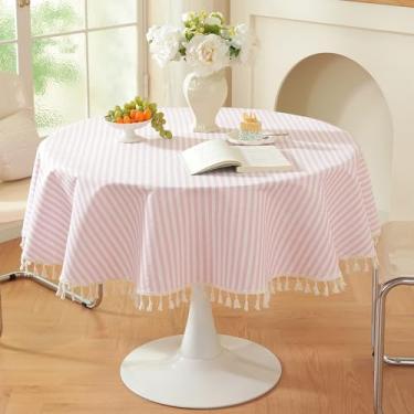 Imagem de meioro Toalha de mesa redonda listrada, tecido de mistura de algodão, toalha de mesa circular rosa com borla, lavável sem rugas, toalhas de mesa pequenas e fofas para cartões de café, festa em casa