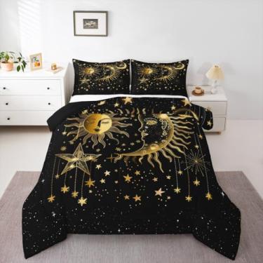 Imagem de Feelyou Conjunto de edredom Queen com estampa de sol e lua, estilo exótico, galáxia, para crianças, meninos, meninas, ouro preto, decoração de quarto, microfibra, 3 peças com 2 fronhas