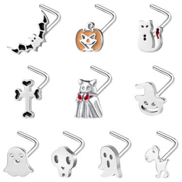 Imagem de BodyAce Piercing de nariz de 20 g, piercing de narina, de aço inoxidável, piercing de nariz em forma de L, joias de Halloween para mulheres e homens, Aço inoxidável Zircônia cúbica, Zircônia cúbica