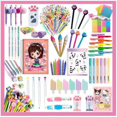 Imagem de Kit Papelaria Fofa Criativa com 36 itens presente de Luxo com diversos itens nacionais e internacionais kawaii caderno