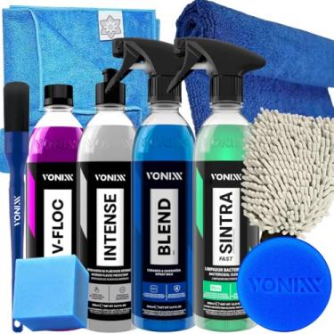 Imagem de Kit Para Lavar Carro Bike Caminhão Van Biz Onibus Moto Vonixx Blend Spray Cera Liquida Sintra Fast V-floc Shampoo Automotivo Intense Restaurador De Plasticos Internos 500ml