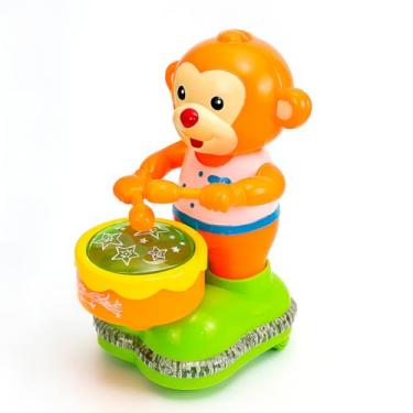 Imagem de Brinquedo Musical Infantil Macaco Baterista com Tambor, Luzes e Sons, ABS, 23x13x10cm, Laranja e Verde, Funciona com 3 Pilhas AA