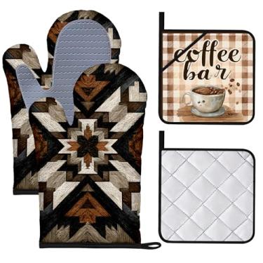 Imagem de BVBOX Conjunto de 4 luvas de forno e pegadores de panela resistentes ao calor com superfície de silicone antiderrapante para cozinha, cozinha, assar, grelhar (barra de café, conjunto de 4)