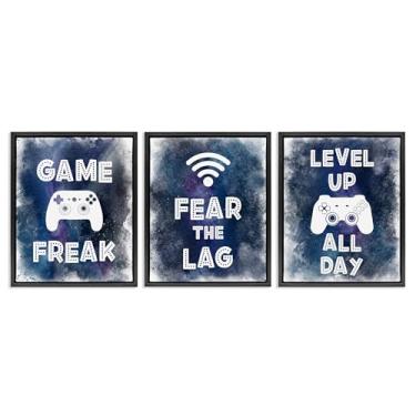 Imagem de Stupell Industries Gamer Quotes with Splash Conjunto de tela flutuante com moldura preta de 3 peças, design por Marcus Prime, 21 x 17