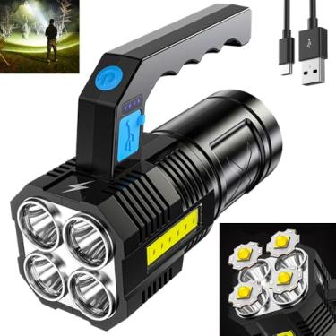 Imagem de Lanterna LED recarregável, lanterna tática de alto lúmens com luz de trabalho COB, 4 LEDs, Lanternas USB com zoom, super brilhantes, lanterna portátil para emergência de acampamento ao ar livre, preta à prova d'água