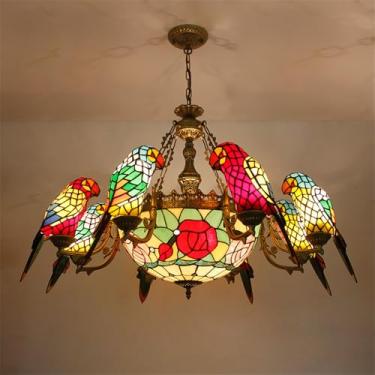 Imagem de Lustre contemporâneo de papagaio em estilo americano de luxo para sala de estar, restaurante, quarto, villa, hotel, café, bar, karaokê ou clube. Luminária pendente de vidro colorido com LED